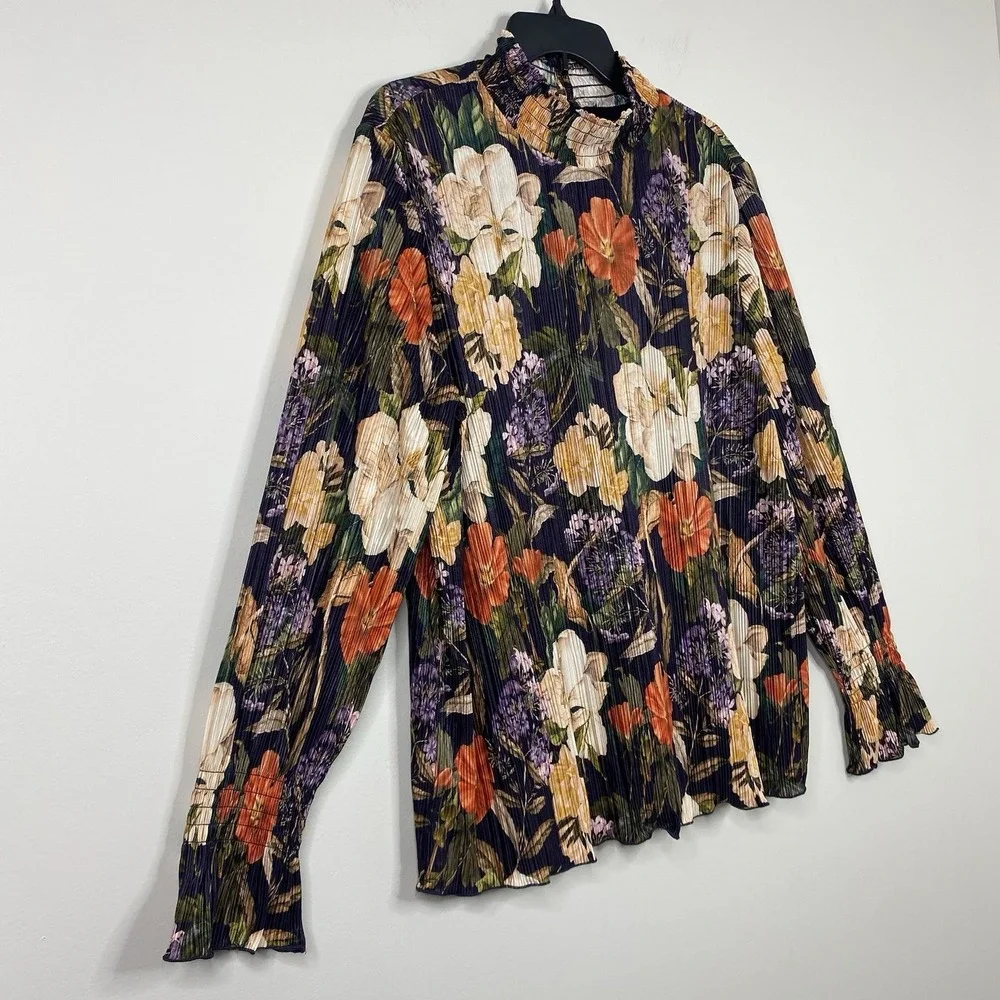 Chico's Womens 4 XXL Dark Purple Floral Pleated Blouse Long Sleeve Mock Neck Top - Picture 5 of 16
